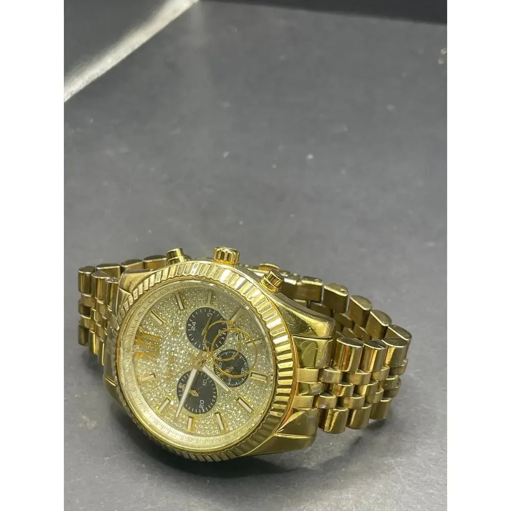 Michael Kors Gold Tone Glitz Chronograph Wristwatch Fluted Bezel For Parts